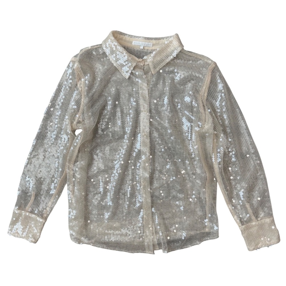 More To Come Revolve Ivory Sequin 2 Piece Sheer Button Down Shirt Pants Set M/L - Picture 9 of 11